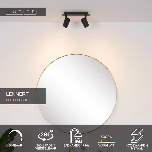 Lucide LENNERT - Plafondspot Badkamer - LED Dimb. - GU10 - 2x5W 3000K - IP44 - Zwart - USP